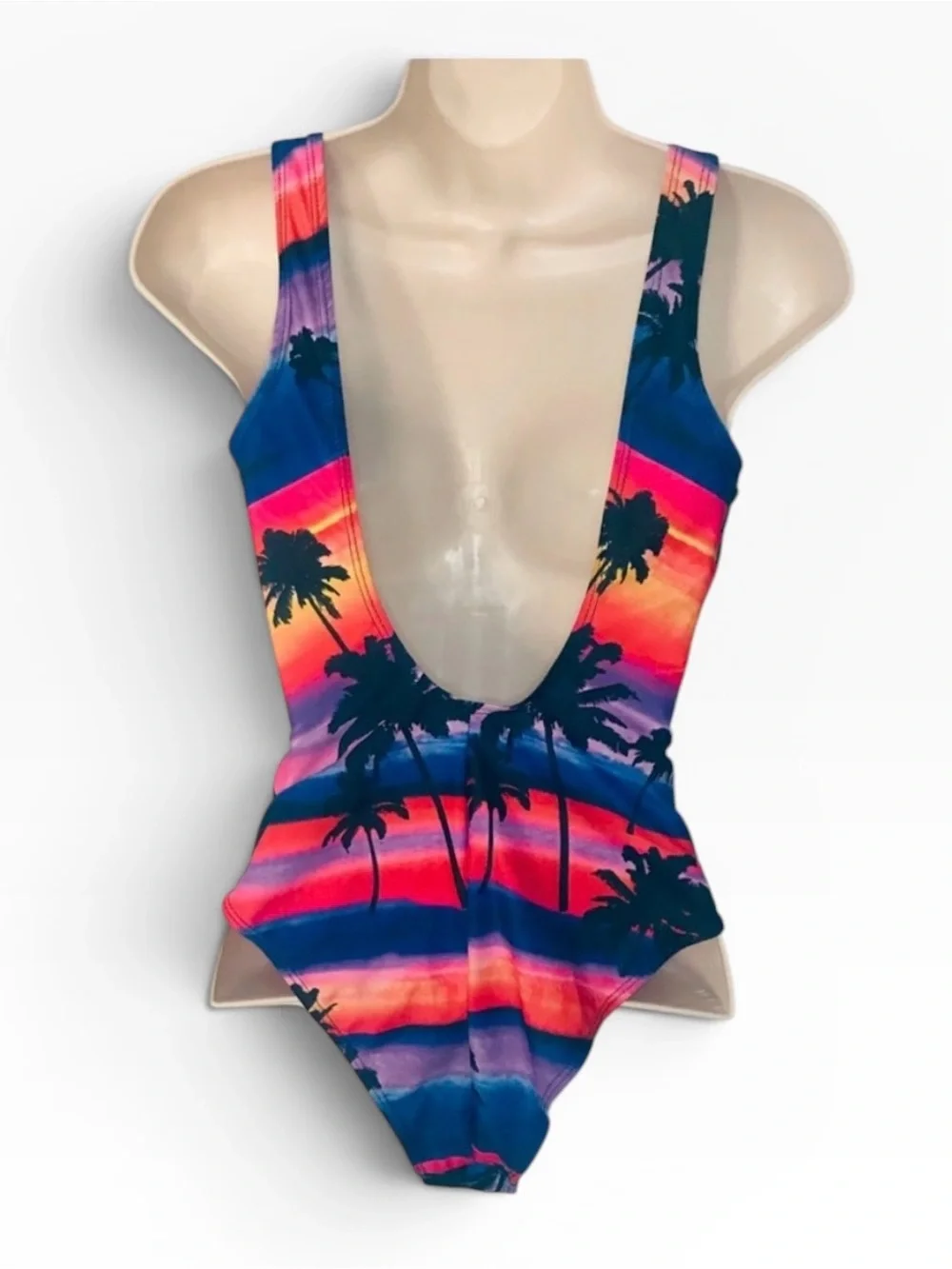 Primark Tropical Sunset Palm Tree One Piece Swimsuit Low Back XS / 4
